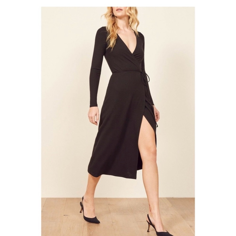Reformation Jean Black Rib Wrap Dress